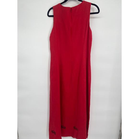 Coldwater Creek Dress Women’s 14 Red Linen Bicycle Embroidered Whimsical - Picture 2 of 8